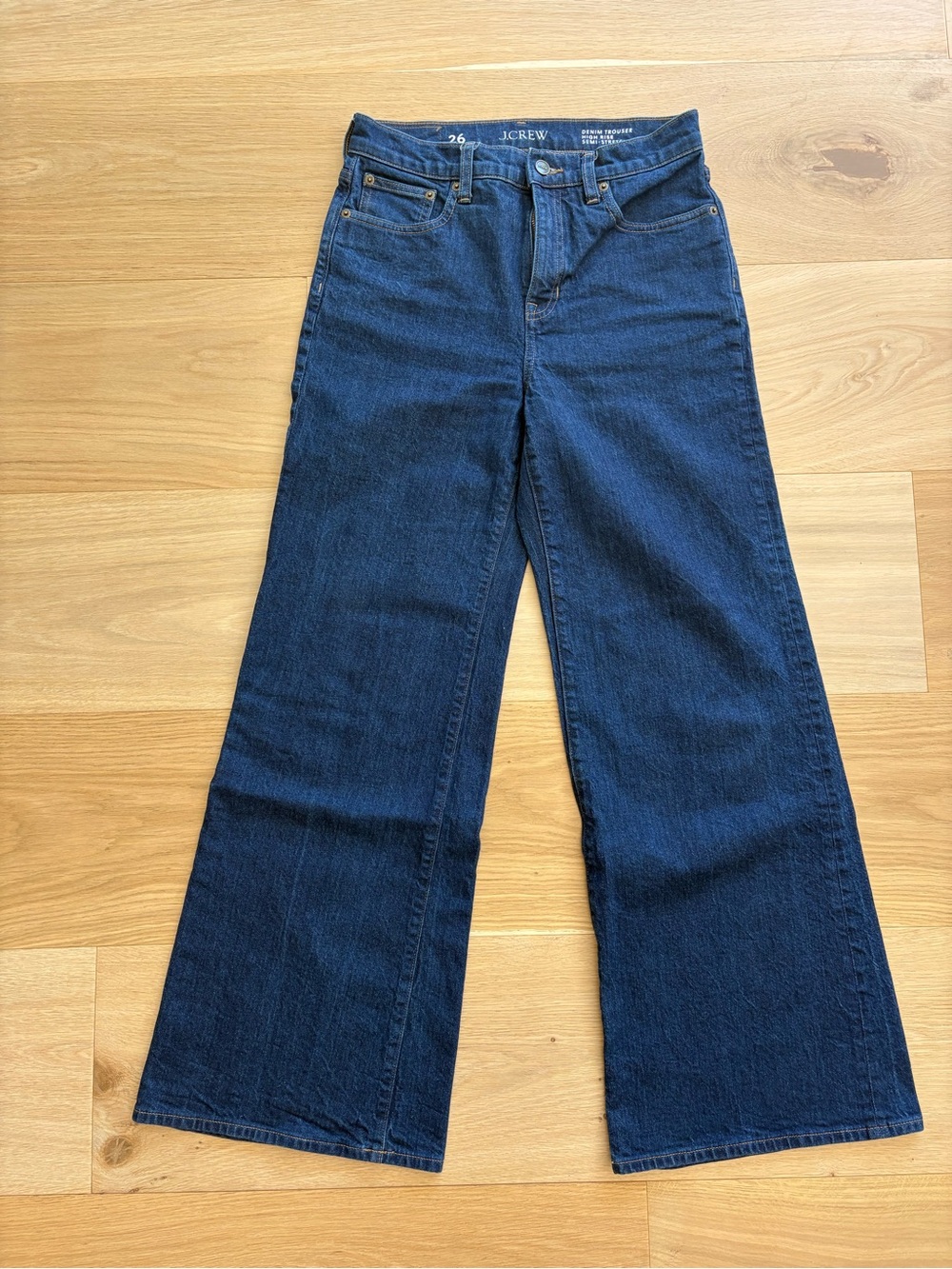 J. Crew Women's Dark Blue Denim Trouser High Rise Semi Stretch Wide Leg Jeans